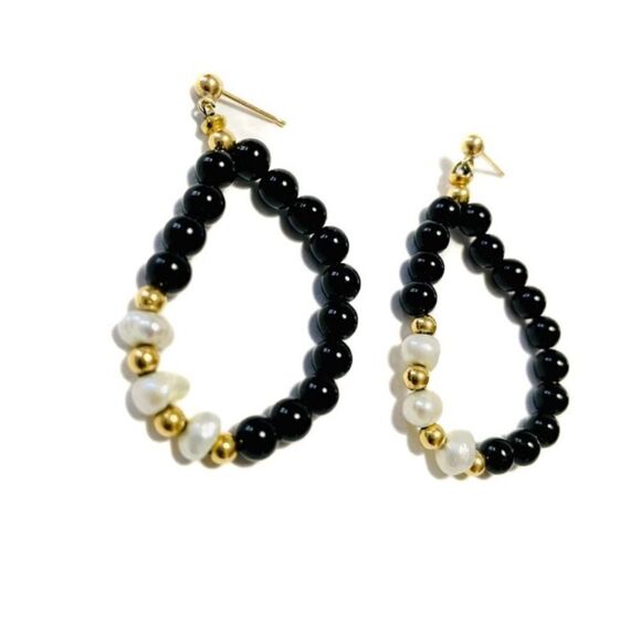 14 karat gold Natural Pearl & Black Onyx Vintage Dangle Earrings.  Rare find - Picture 5 of 12